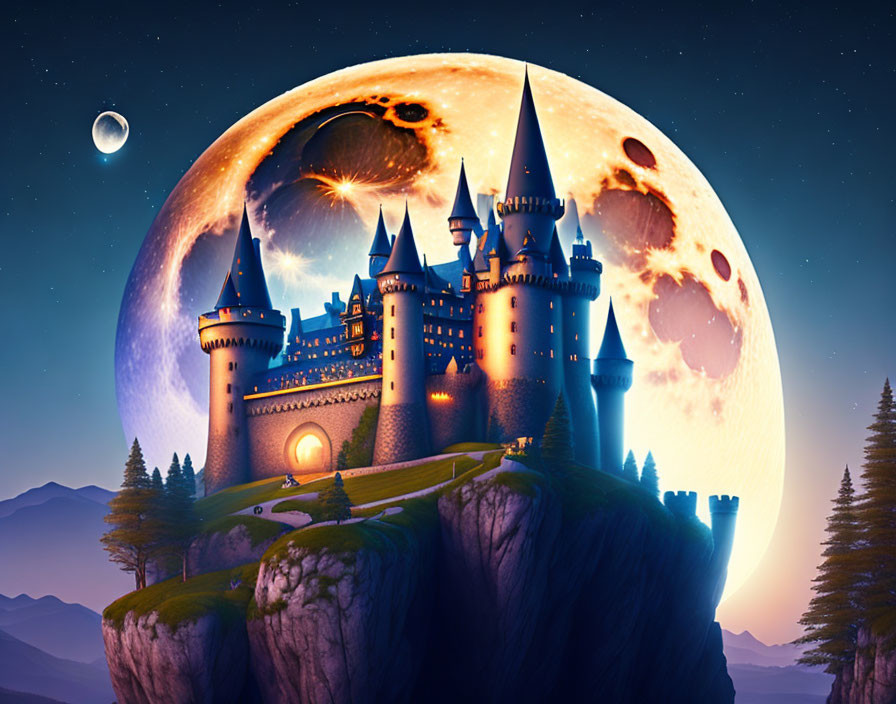 Detailed Fantasy Castle on Cliff with Large Moon in Starlit Night Sky