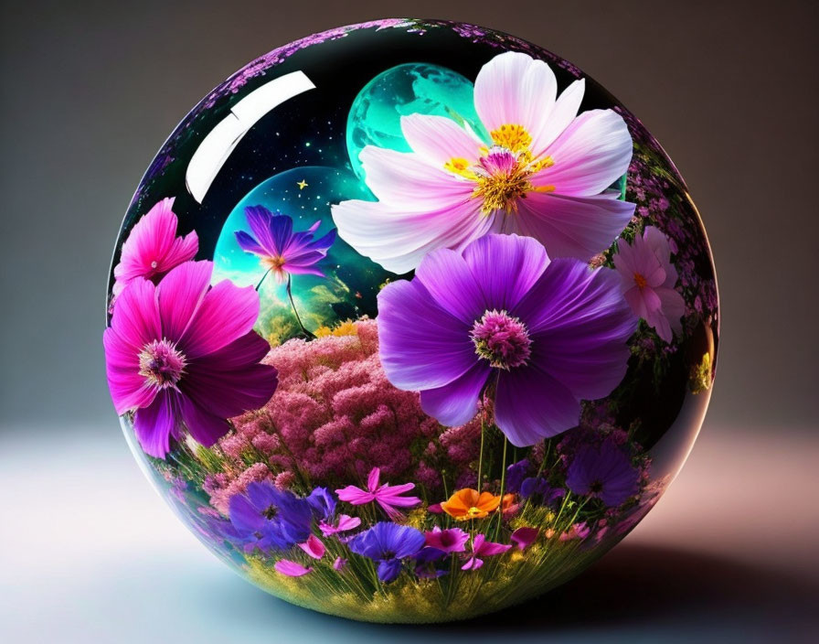Colorful Digital Artwork of Globe with Flowers and Night Sky