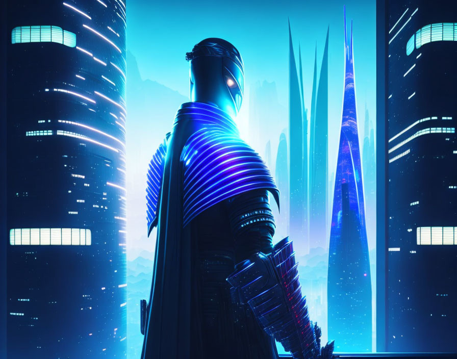 Futuristic armored figure in neon-lit cyberpunk cityscape