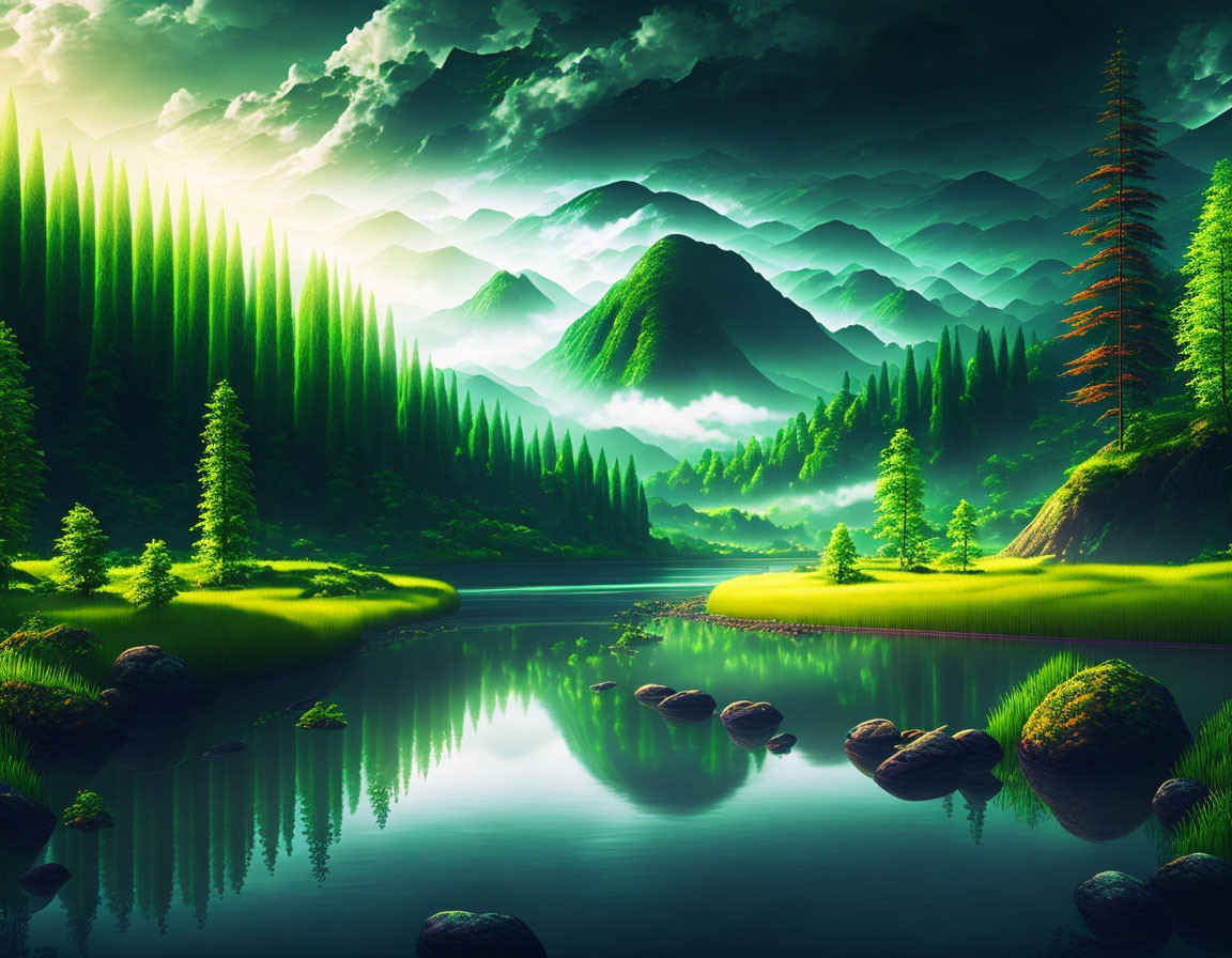 Tranquil landscape with reflective lake, lush forests, and towering mountains