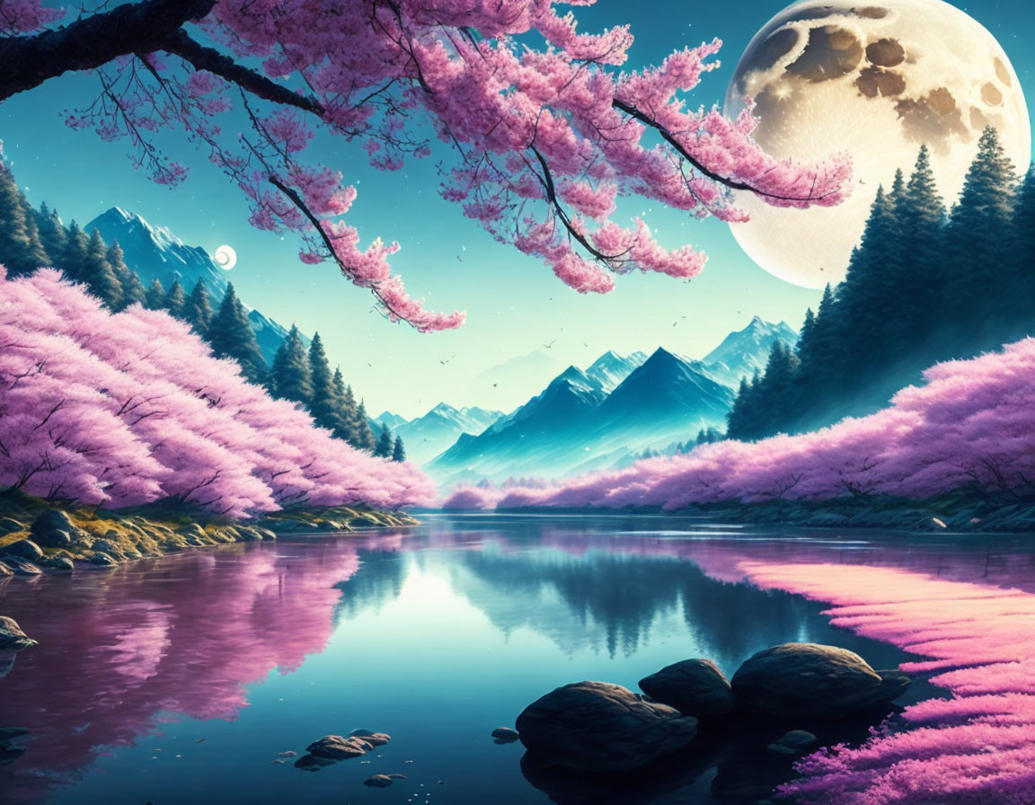 Tranquil Cherry Blossom Landscape with Moon and Mountains