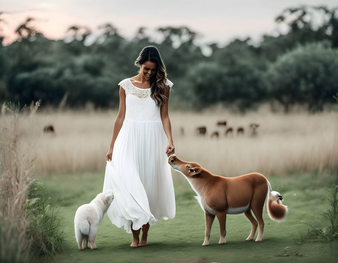 Woman in White Dress with Dogs and Animals in Grassy Field