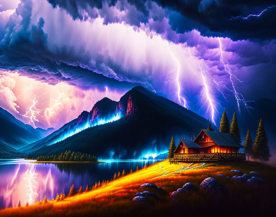 Digital artwork: Cabin by lake with dramatic lightning in purple and blue sky