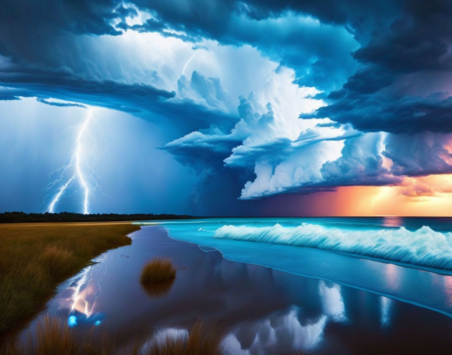 Thunderstorm over ocean with lightning, dark clouds, blue tide, and fiery sunset.