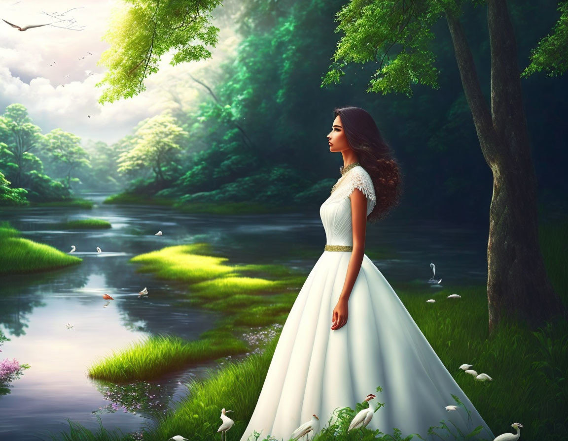 Woman in white dress by forest creek with swans and lush greenery