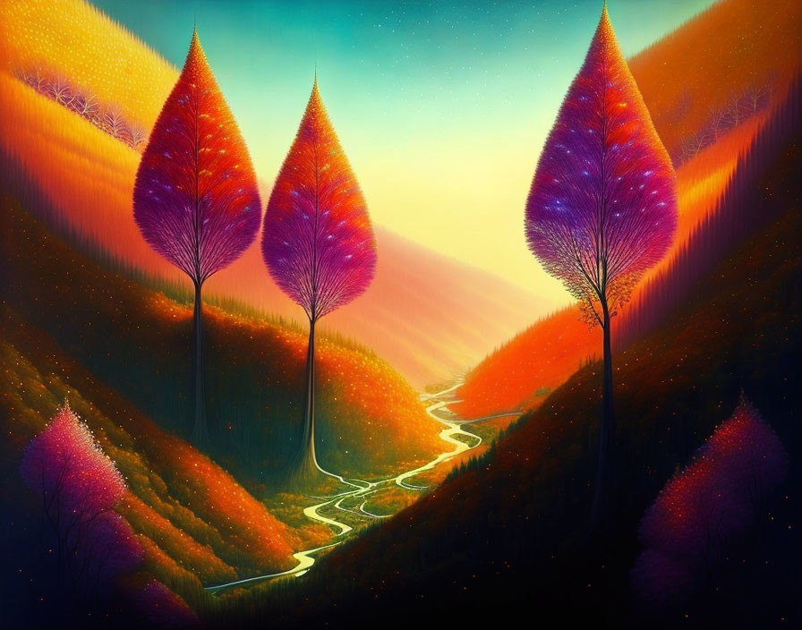 Colorful fantasy landscape with oversized trees, winding river, and glowing hills