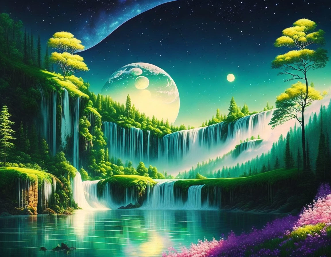 Vibrant fantasy landscape with lush greenery, waterfalls, lake, colorful flora, and star