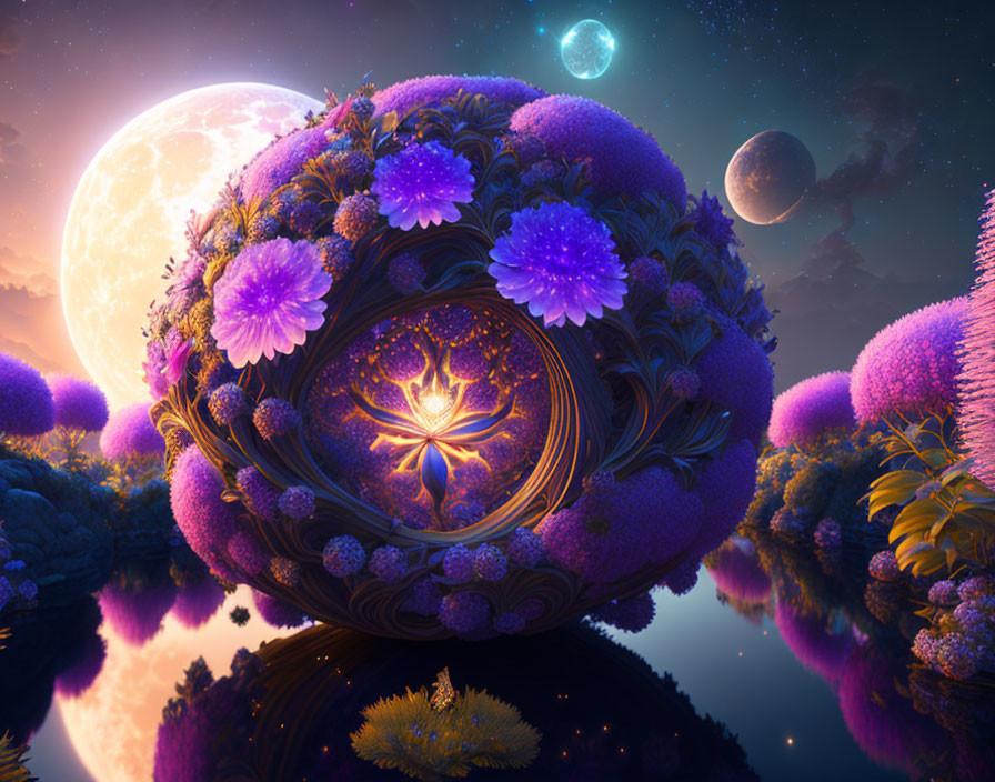 Vibrant purple flora in spherical formation under two moons.