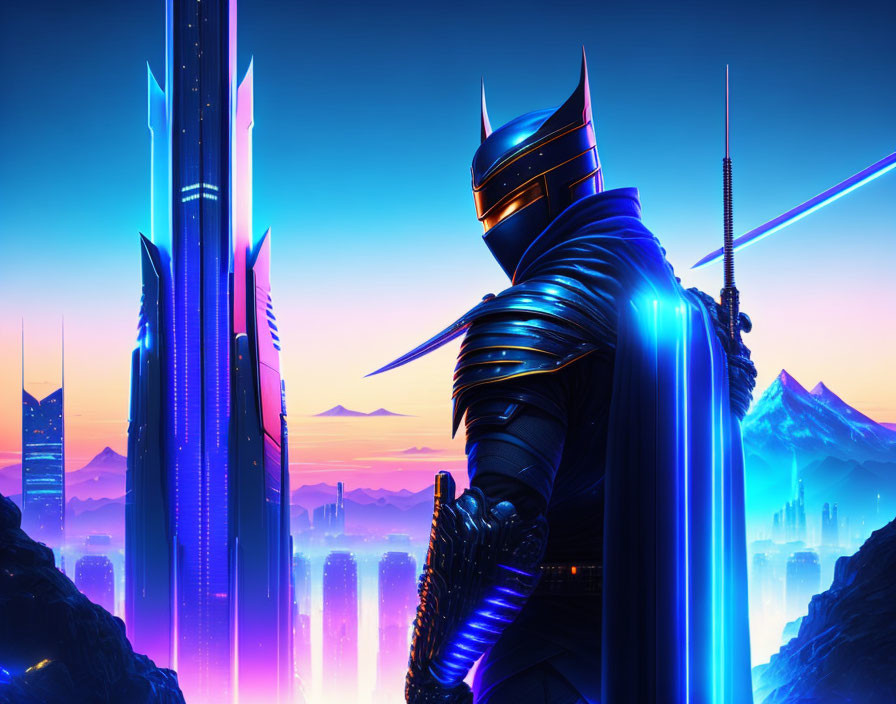 Futuristic knight in glowing blue armor against neon-lit cityscape