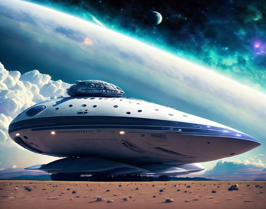 Futuristic spaceship on alien planet with ringed planet view