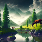 Tranquil landscape with river, deer, snowy mountains, green trees, and birds