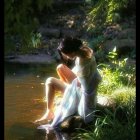 Woman in White Dress Contemplating by Pond in Lush Garden