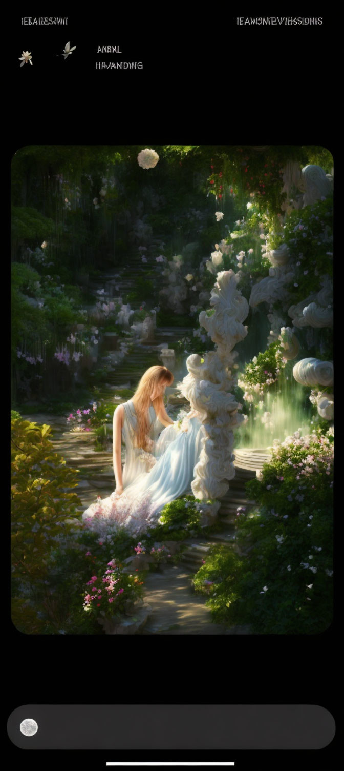 Woman in White Dress Contemplating by Pond in Lush Garden