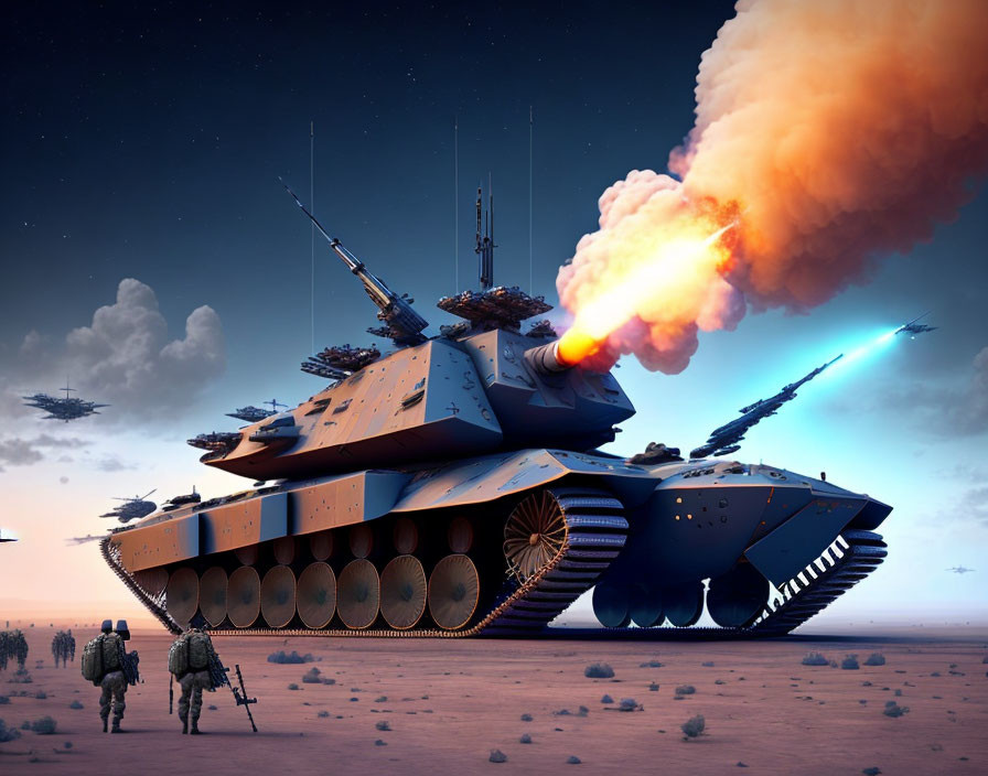 Futuristic tank with large cannons in a dystopian desert battlefield