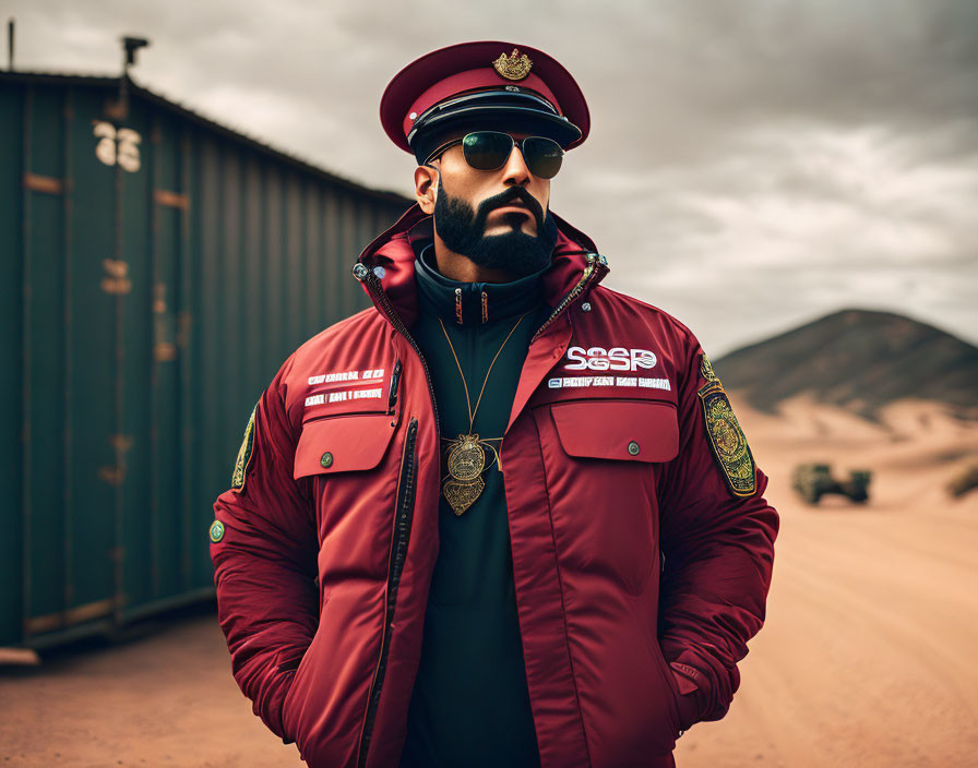 Confident man in red bomber jacket and cap in desert setting with shipping containers and vehicle.