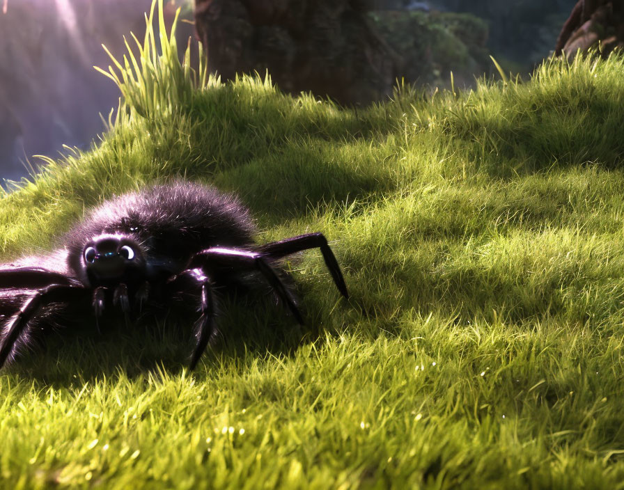 Black furry spider on green grass with sunlit cliffs and mist.