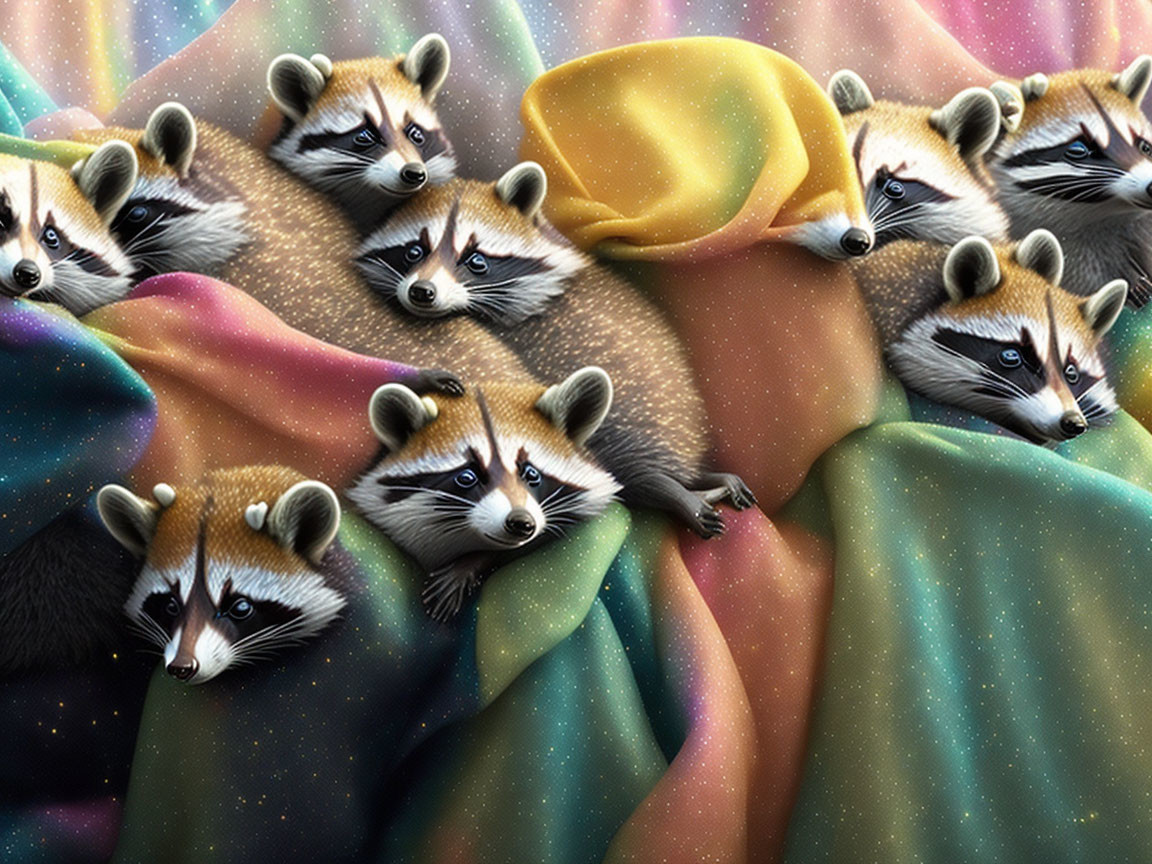 Seven raccoons in colorful fabric folds: a whimsical and playful scene