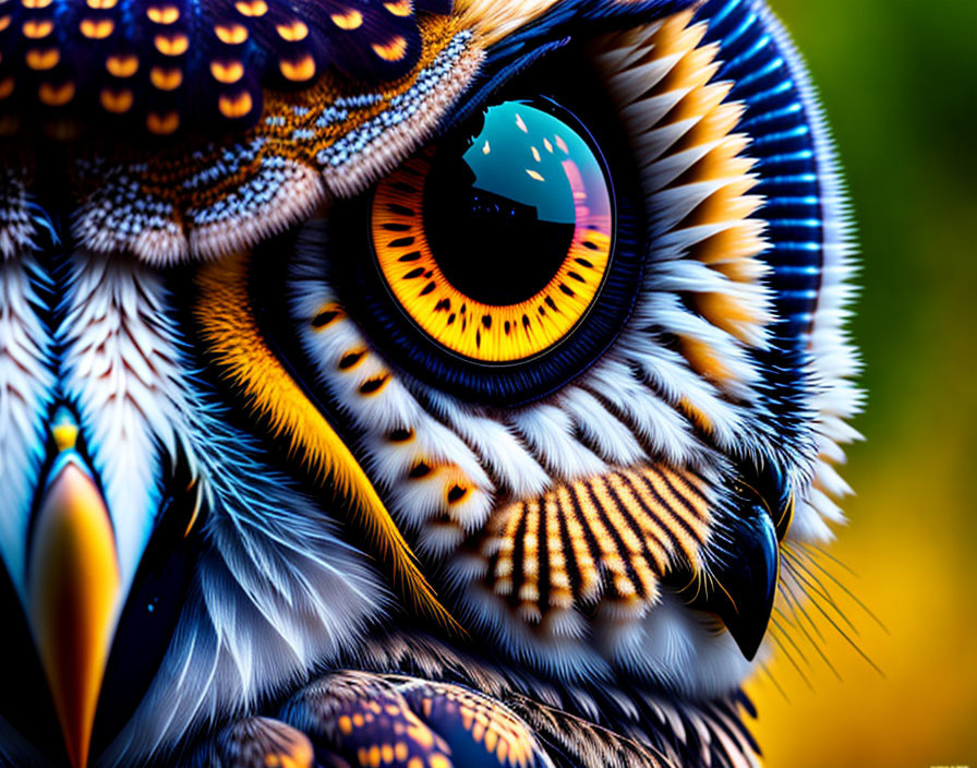 Vibrant owl feathers and detailed eye with reflection.