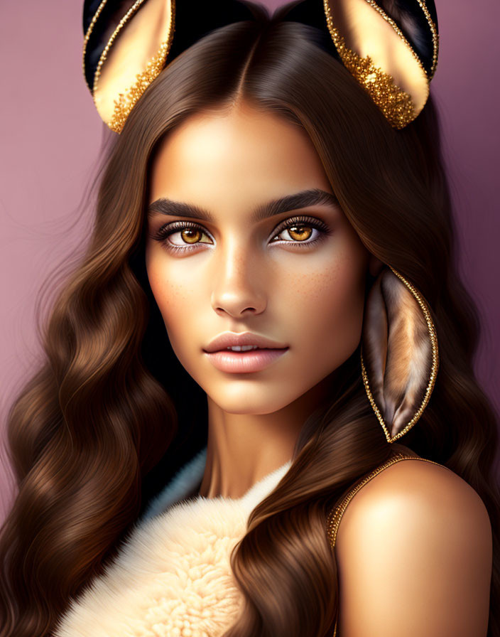 Portrait of woman with bunny ears headband, golden eyes, and wavy hair on pink backdrop