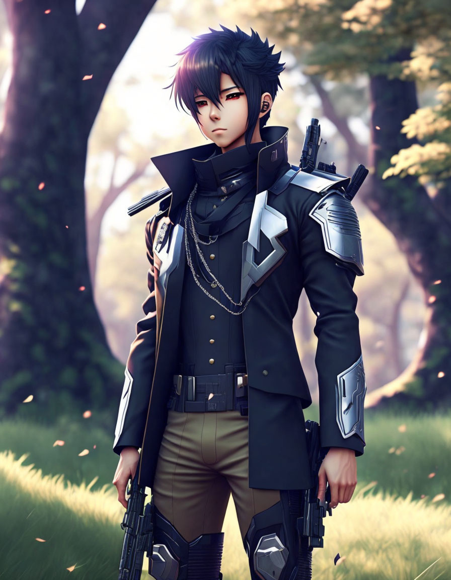 Dark-haired male character in futuristic armor standing in forest with falling leaves