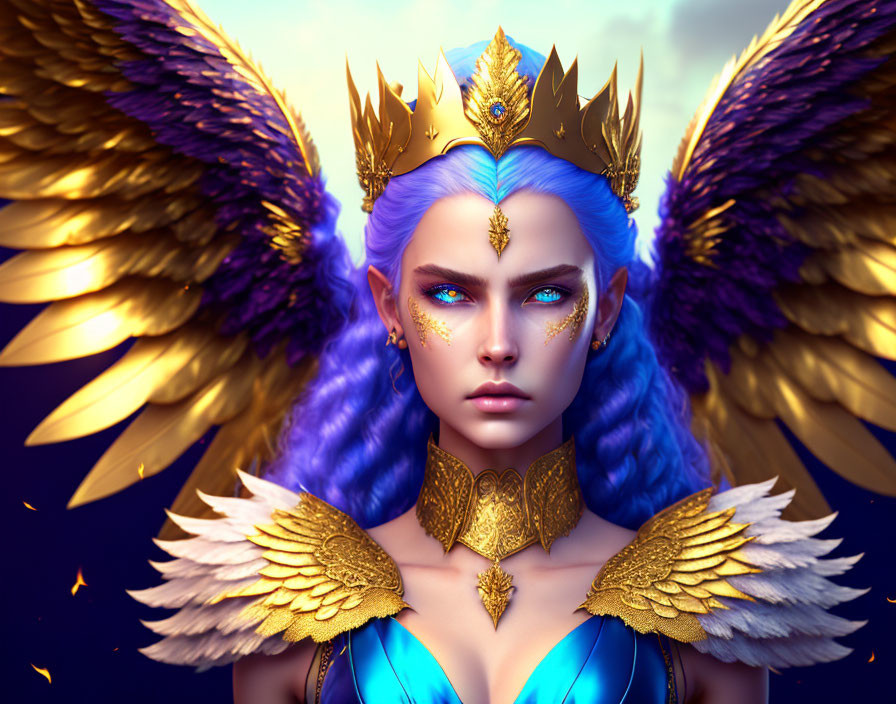 Blue-skinned being in gold and blue regalia with crown and golden wings in twilight sky