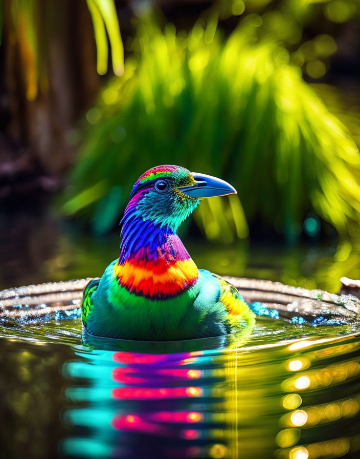 Colorful Bird Bathing in Water with Rainbow Plumage and Green Background