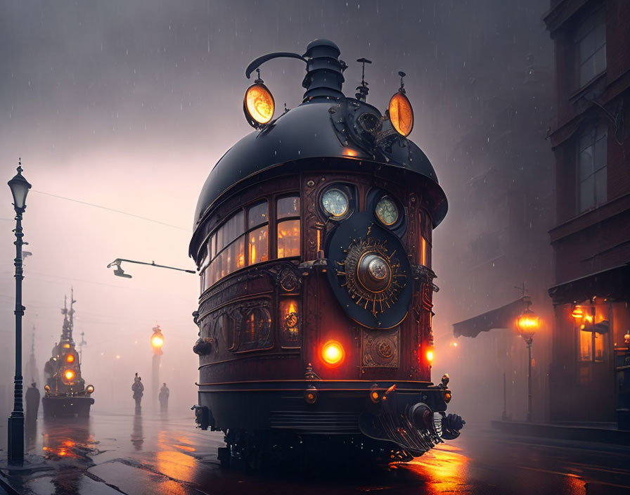 Vintage tram with glowing lamps and intricate designs in misty twilight street