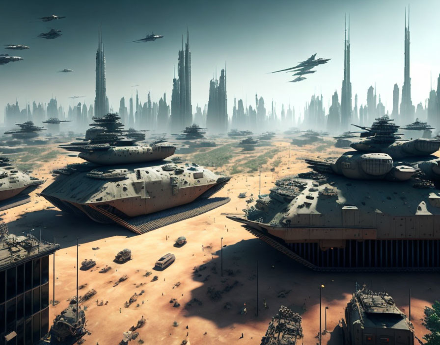 Futuristic cityscape with skyscrapers and flying vehicles in desert landscape