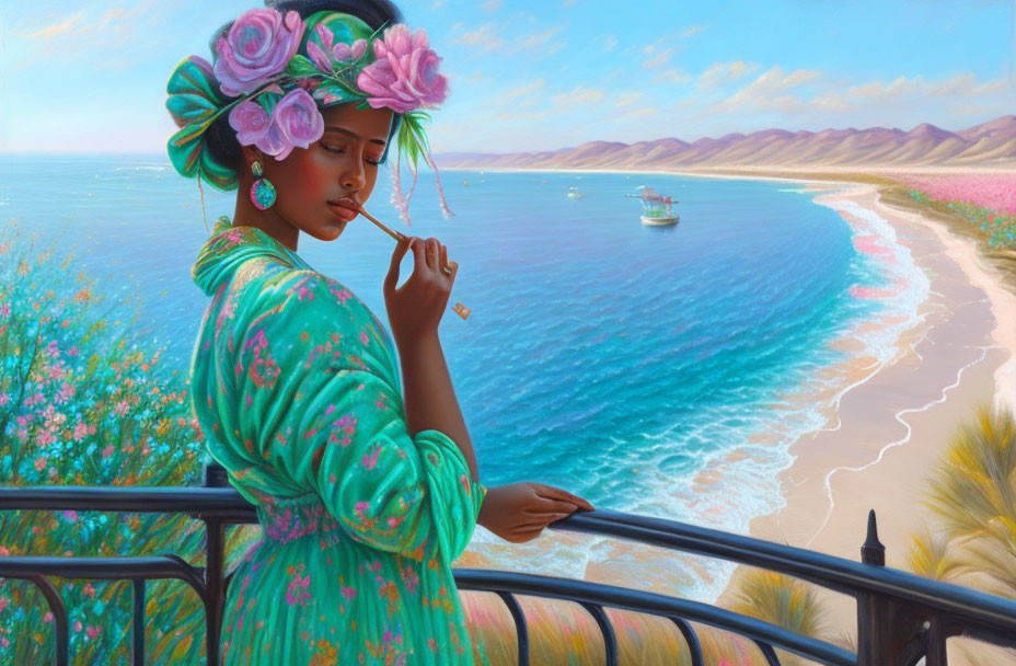 Woman in Floral Dress on Balcony Overlooking Beach with Boat