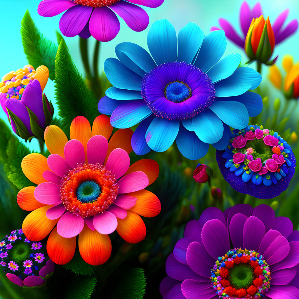 Colorful Flower Collection Featuring Blue, Pink, Orange, and Green Patterns