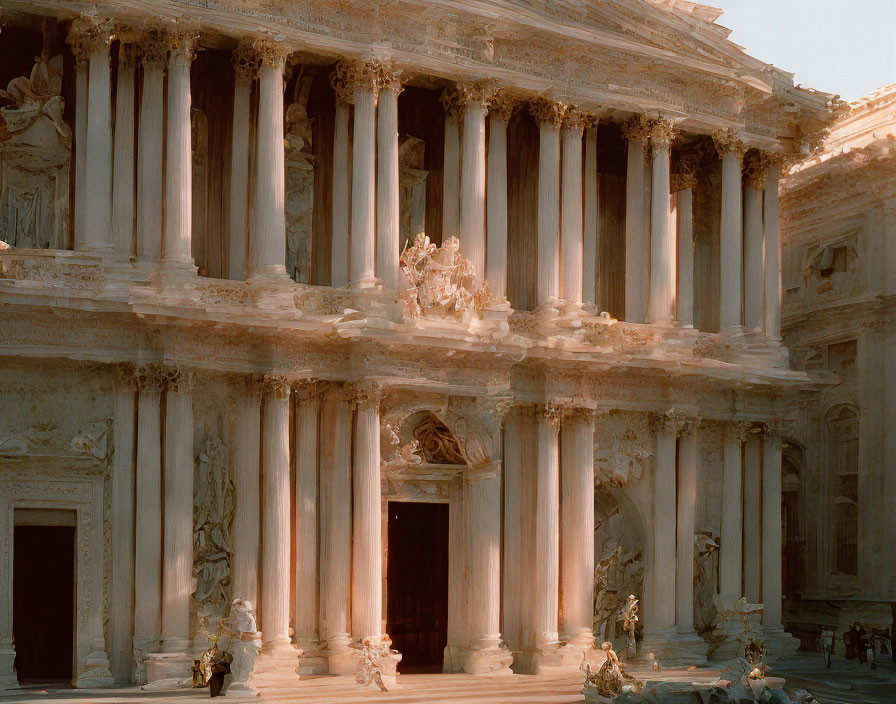 Ancient building facade with Corinthian columns and sculptures in warm sunlight