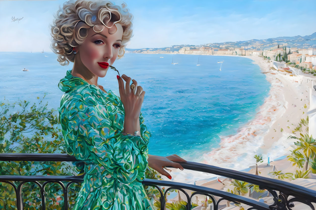 Curly-haired person with red lipstick on balcony overlooking sunny beachscape.