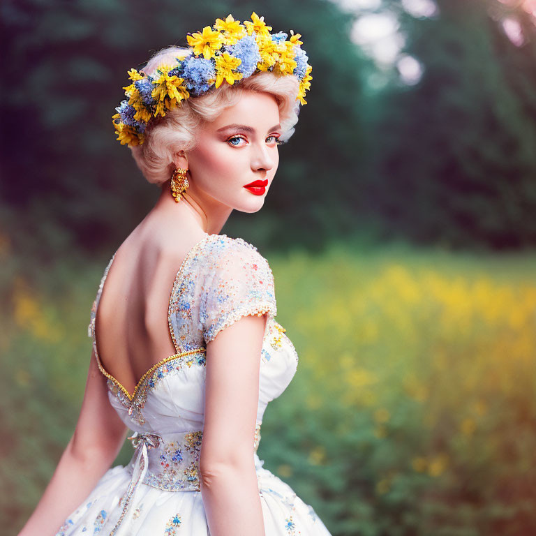 Woman in floral wreath and elegant dress against green and yellow floral backdrop