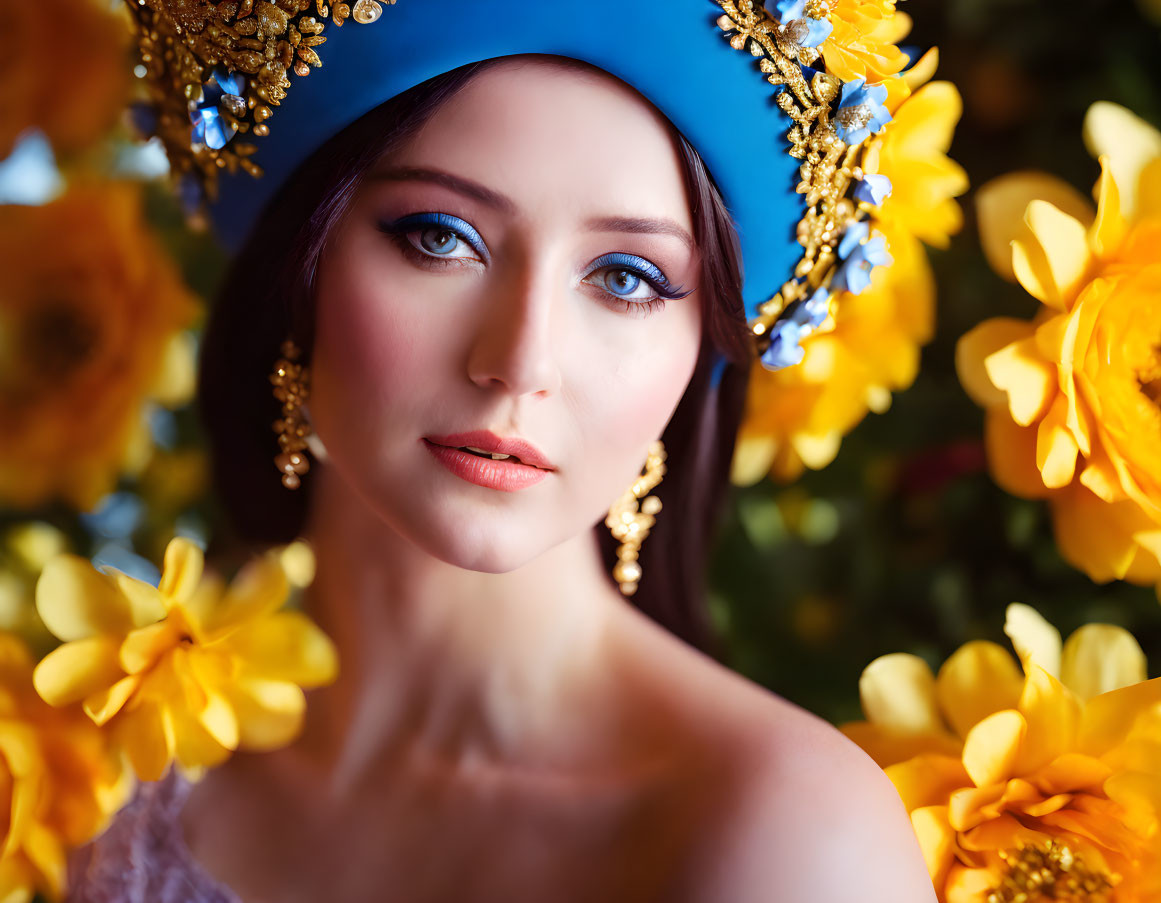 Blue-eyed woman in blue headwrap with golden decorations among yellow flowers