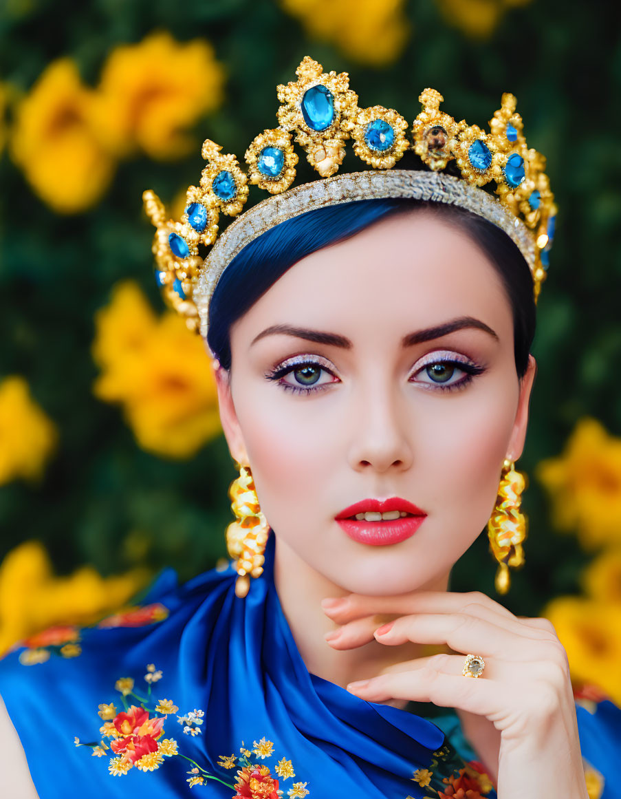 Woman with Blue Crown and Earrings Poses Among Yellow Flowers