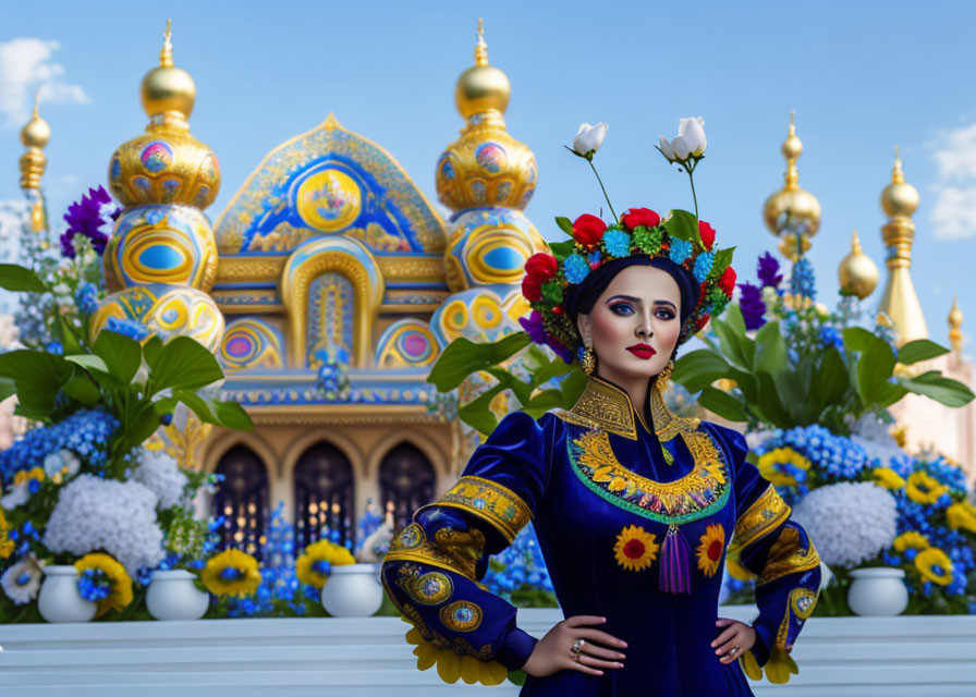 Vibrant traditional dress woman in front of ornate building with golden domes