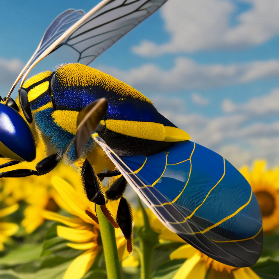 Vibrant close-up of blue and yellow bee on sunflowers