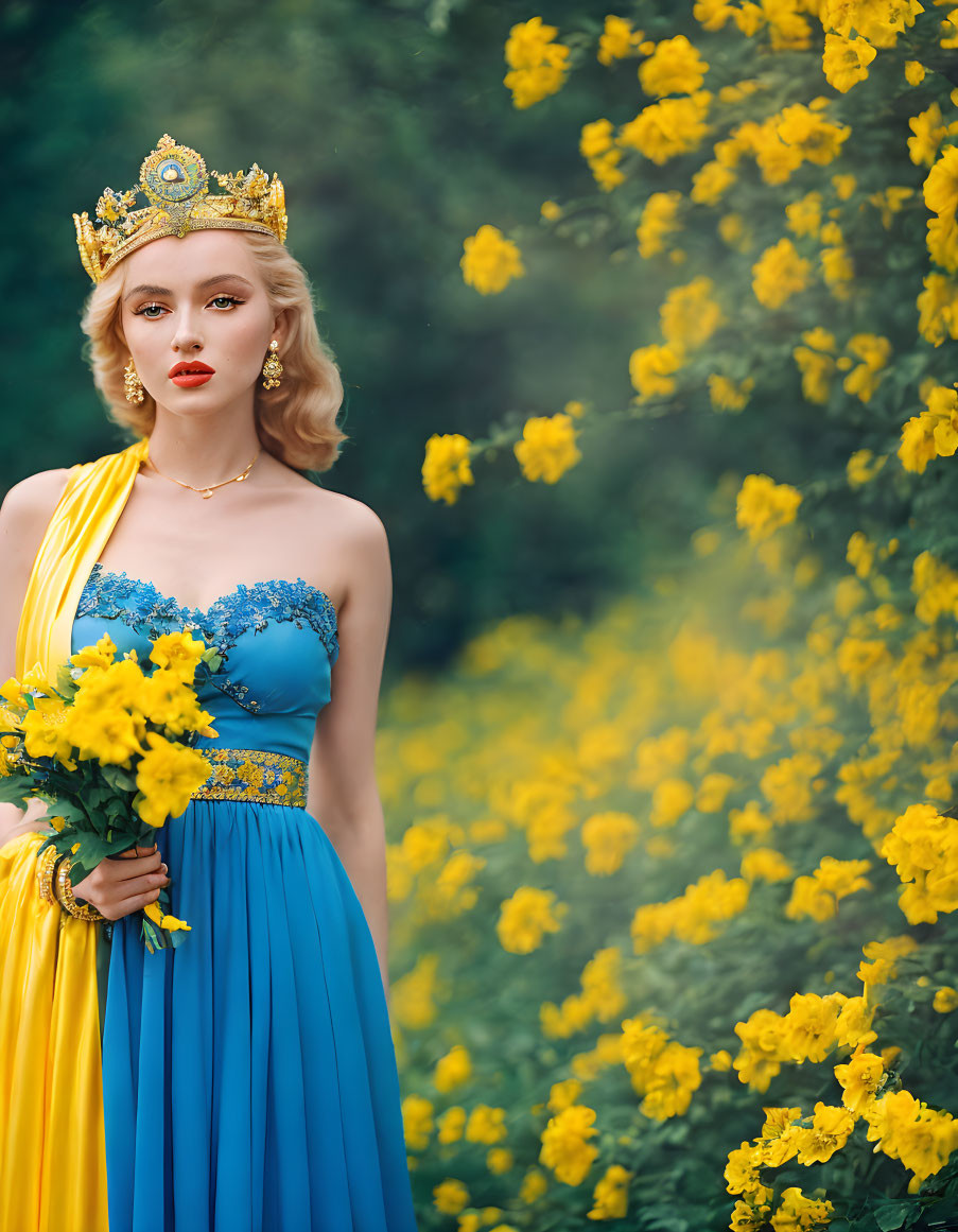 Woman in Blue and Yellow Dress with Crown Holding Bouquet Near Blossoming Shrub