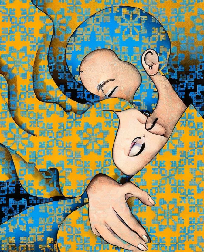 Stylized human figures in abstract digital art with blue and yellow patterned background