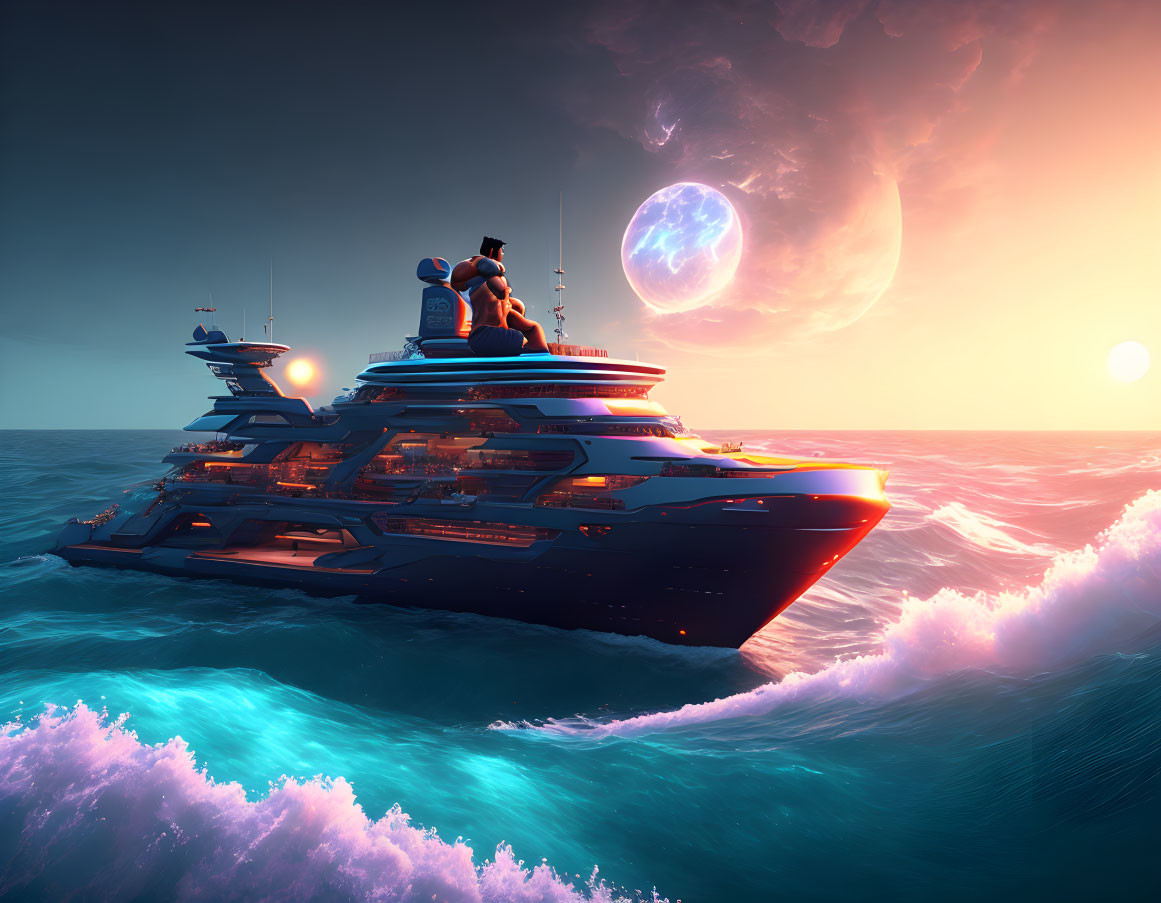 Luxurious yacht with couple on bow sailing on vibrant ocean at sunset with fantastical moons in sky.