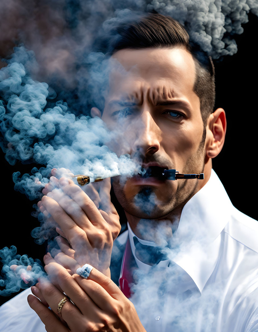 Man with Neat Haircut and Beard Exhaling Smoke in Dark Background