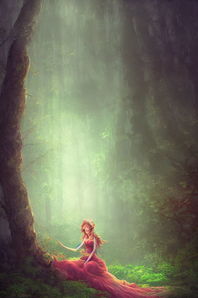 Woman in Pink Gown Contemplating in Ethereal Forest