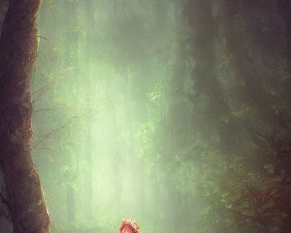 Woman in Pink Gown Contemplating in Ethereal Forest