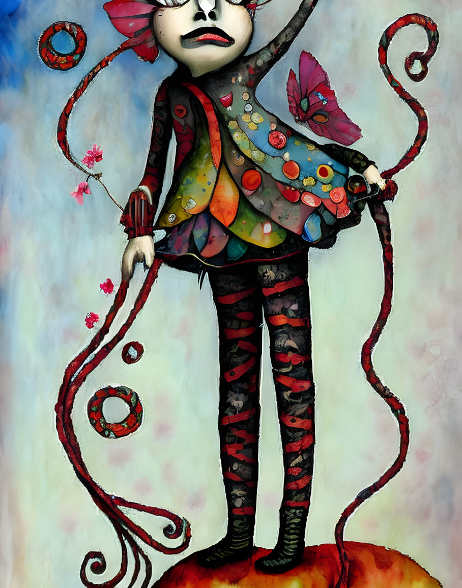 Colorful whimsical character illustration with elongated limbs and butterfly motifs