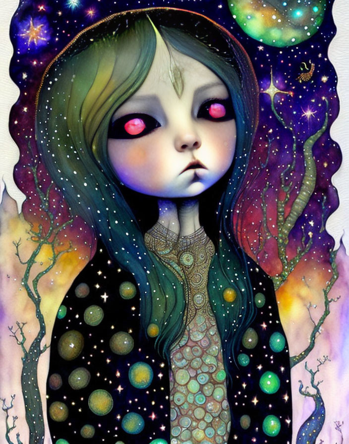 Illustration of girl with red glowing eyes in cosmic setting