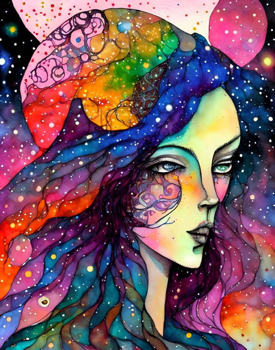 Colorful Watercolor Illustration of Woman with Cosmic Hair