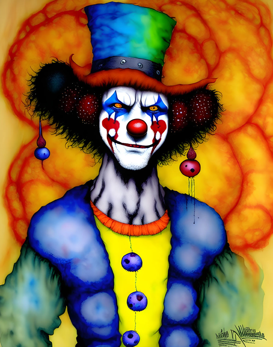 Colorful Clown Illustration with Wide-Brimmed Hat and Red Nose