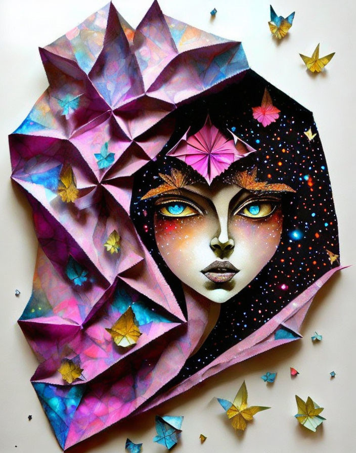 Vibrant woman's face with origami stars and cosmic patterns