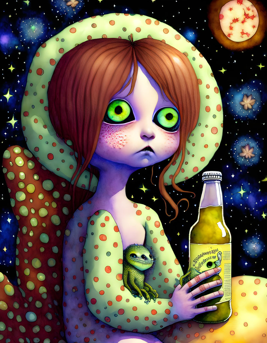 Red-haired girl with bottle and alien on starry space backdrop