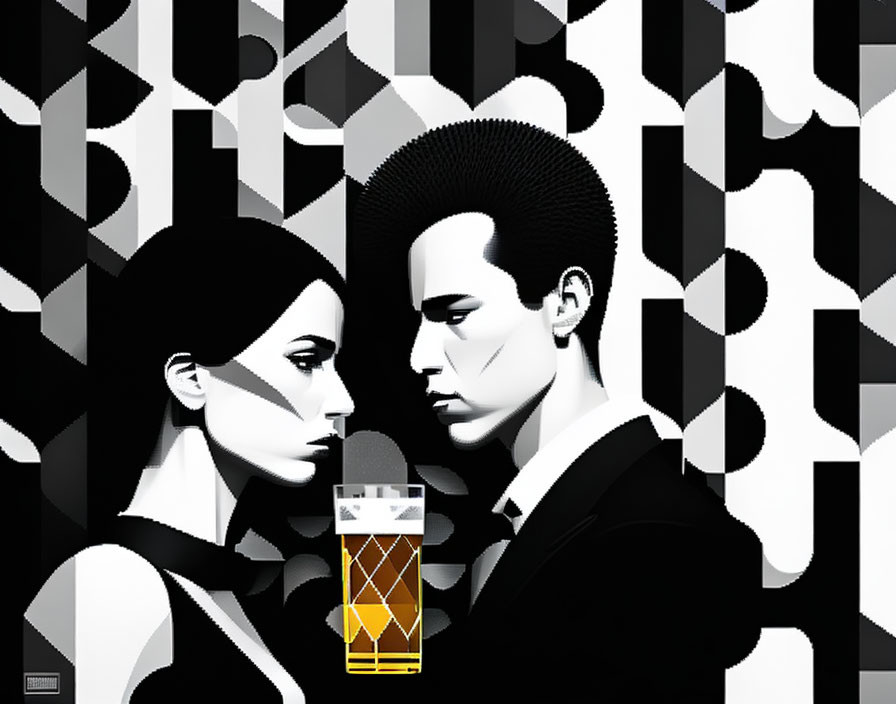 Monochrome image of man and woman with whiskey glass on abstract background